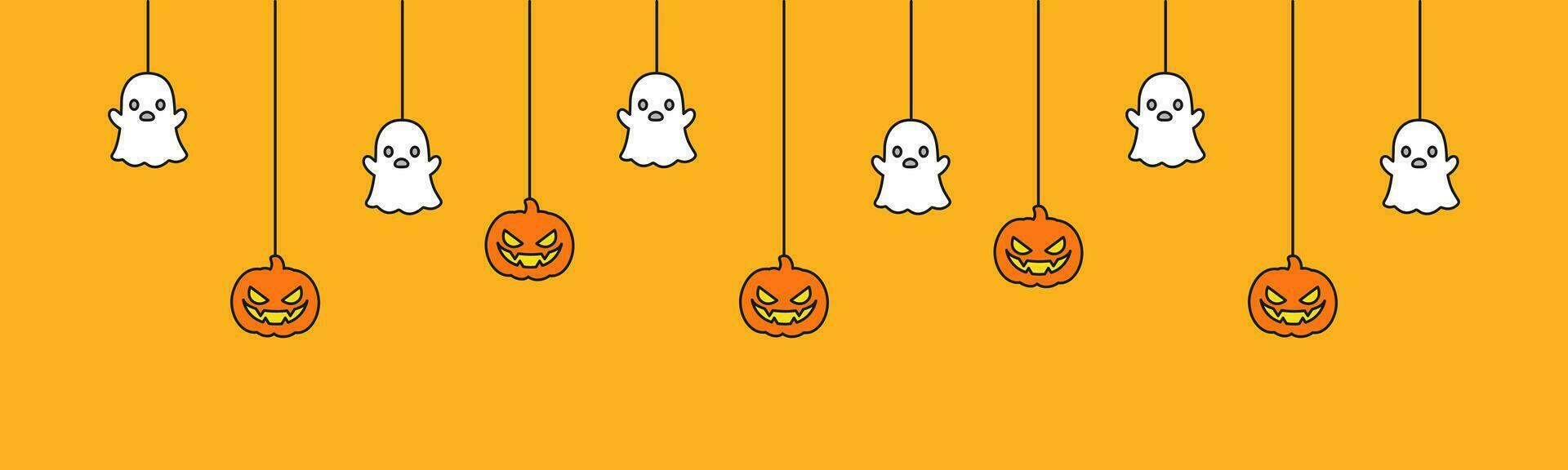 glücklich Halloween Banner oder Rand mit Geist und Jack Ö Laterne Kürbisse. hängend gespenstisch Ornamente Dekoration Vektor Illustration, Trick oder behandeln Party Einladung