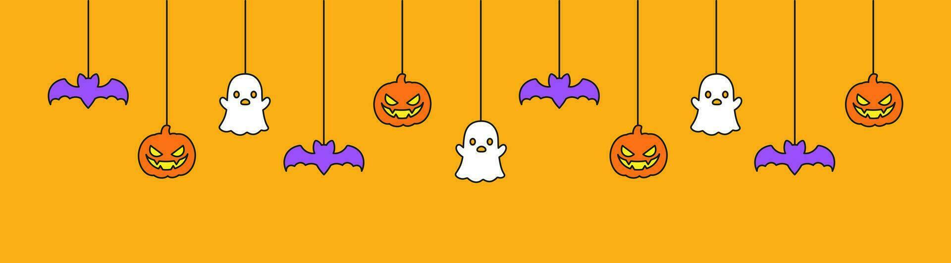 glücklich Halloween Banner oder Rand mit Fledermäuse, Geist und Jack Ö Laterne Kürbisse. hängend gespenstisch Ornamente Dekoration Vektor Illustration, Trick oder behandeln Party Einladung