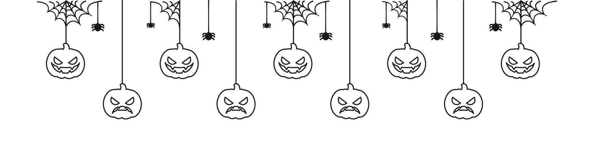 Lycklig halloween baner eller gräns med domkraft o lykta pumpor översikt klotter. hängande läskigt ornament dekoration vektor illustration, lura eller behandla fest inbjudan