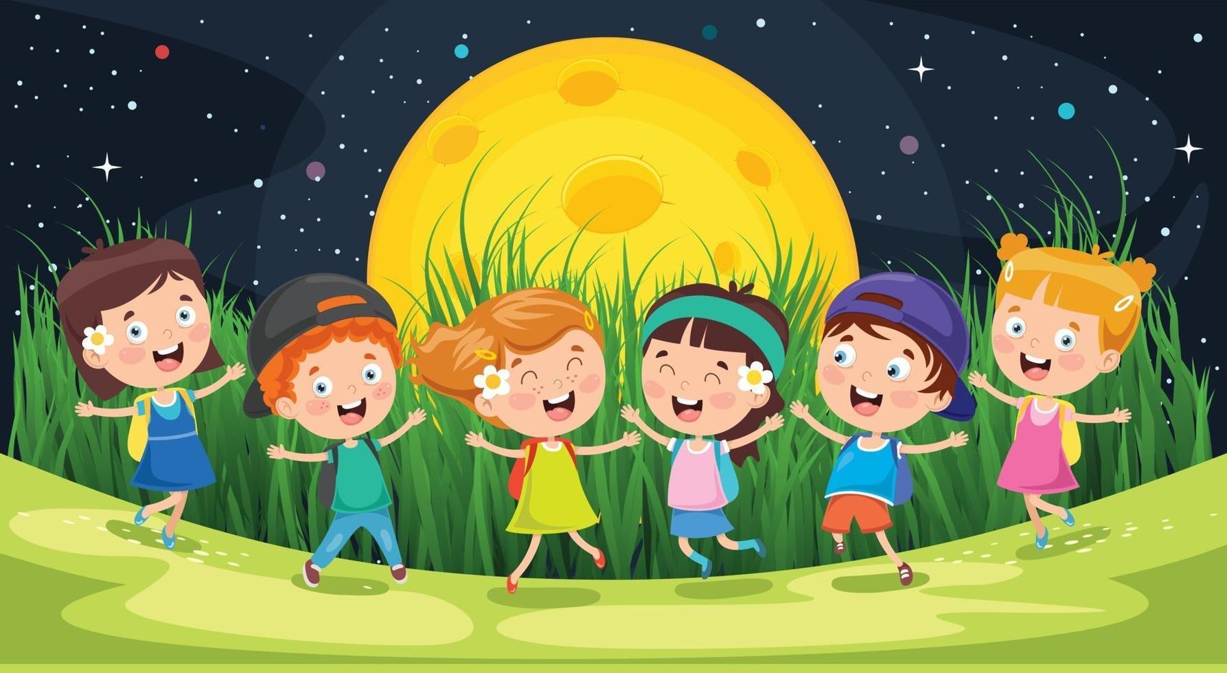 Kinder spielen draußen in der Mondnacht outside vektor