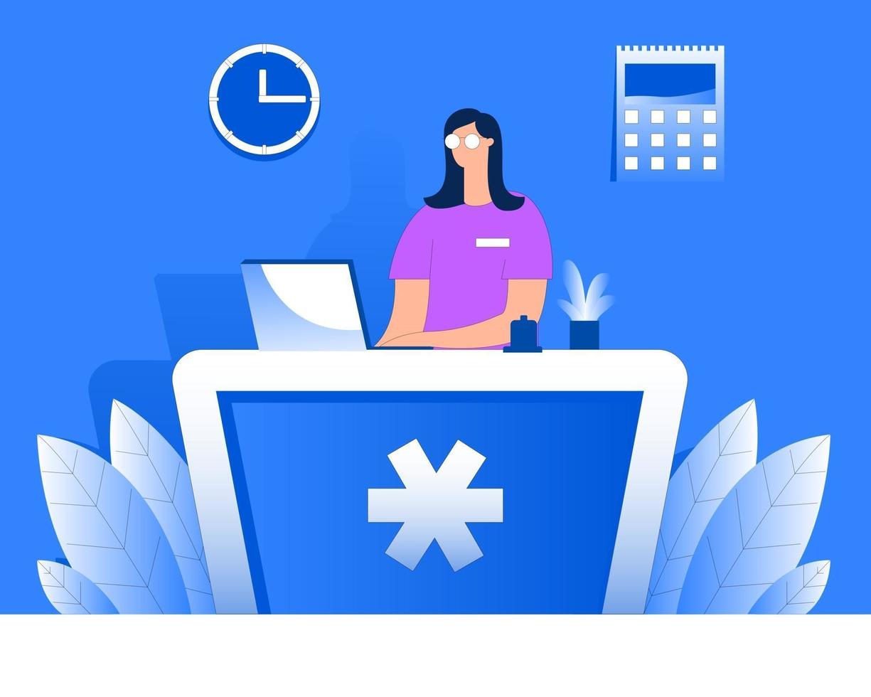medicinsk receptionist illustration, receptionist på vårdcentral, sjukhusreceptionist vektor koncept