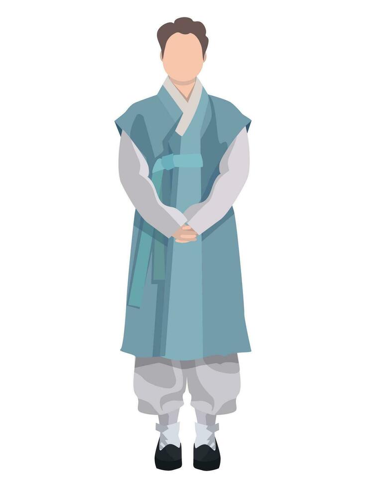 tecknad serie illustration av en koreanska man i hanbok med realistisk stil. traditionell koreanska kostym på de kille. affisch, baner eller märka mall för hanbok Lagra vektor
