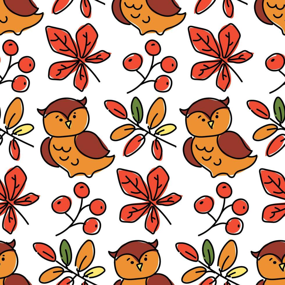 mönster med tecknad serie Uggla, höst löv och bär i höst stil. vektor bild av sömlös mönster, ändlös mönster för barns varor på en vit bakgrund