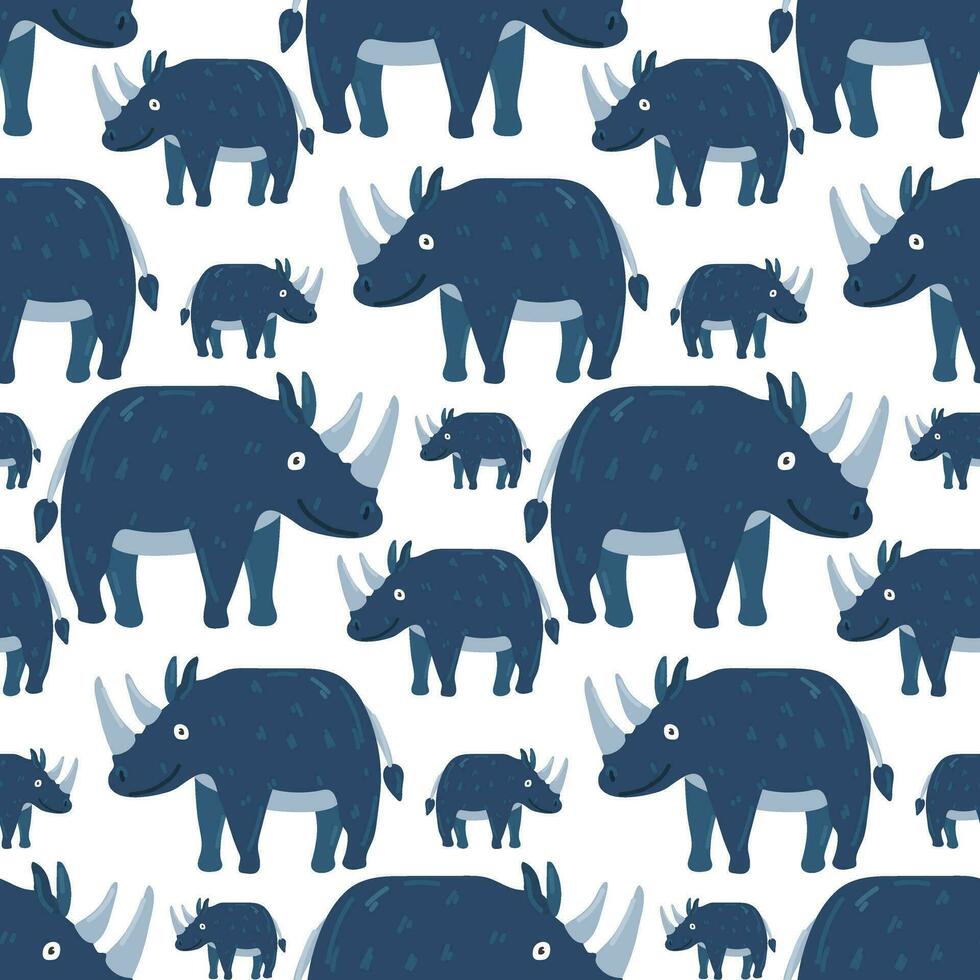sömlös mönster i de form av söt noshörningar. rolig ritad för hand djur. kreativ barns bakgrund i scandinavian stil. vektor illustration av safari. noshörning på vit bakgrund