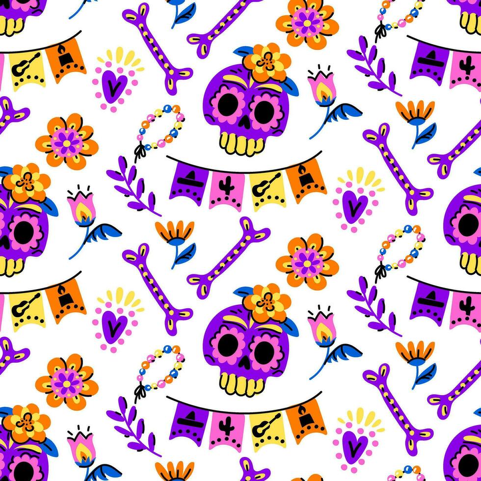 muertos mönster med en skalle. de dag av de död- Semester i Mexiko. en ansikte i de form av en skalle med en blommig mönster. blommig sömlös bakgrund. sömlös mönster för halloween. dag av de död- vektor