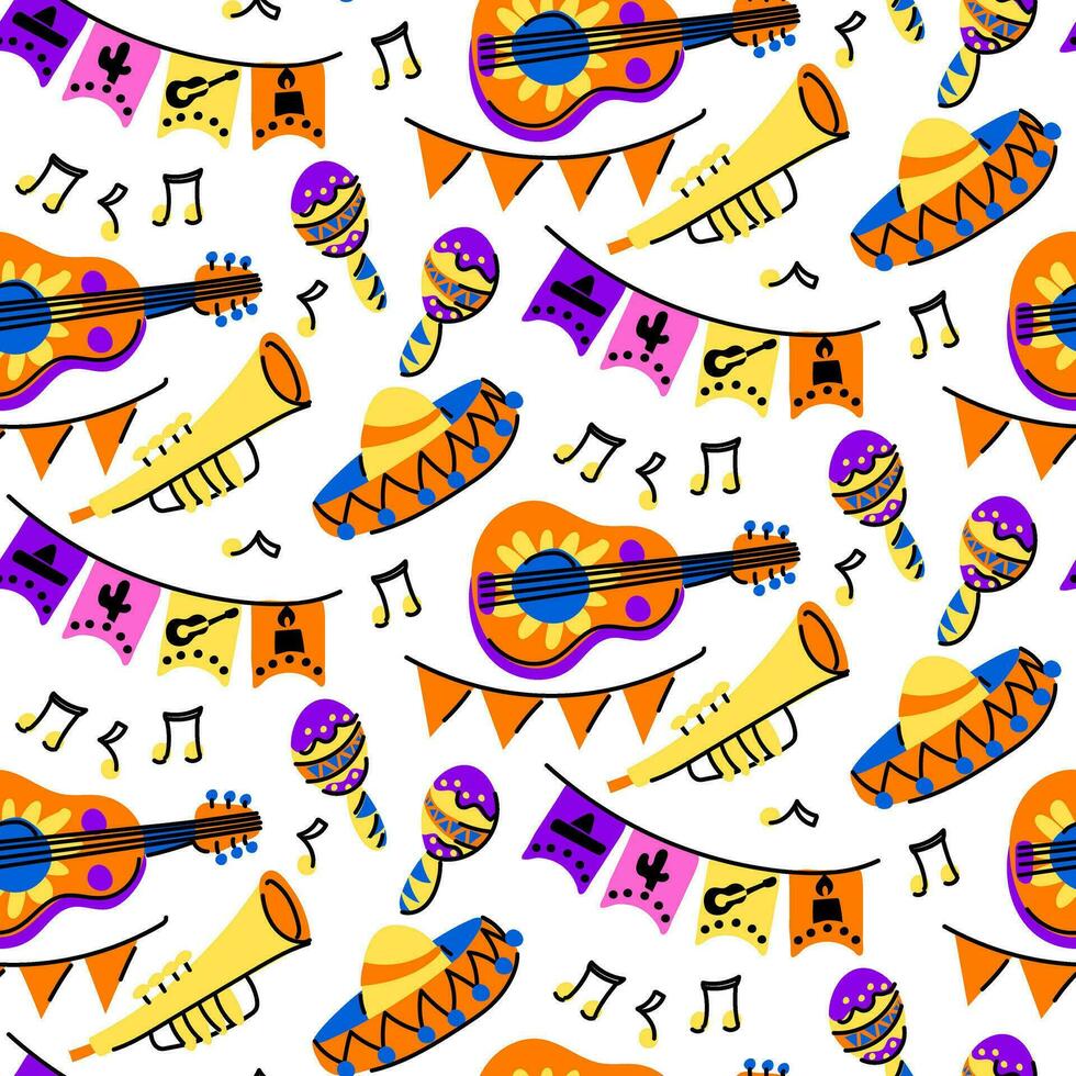 muertos mönster med musikalisk instrument. de dag av de död- Semester i Mexiko. hatt, gitarr, maracas, rör med anteckningar, flaggor. sömlös mönster för halloween. dag av de död- festival vektor