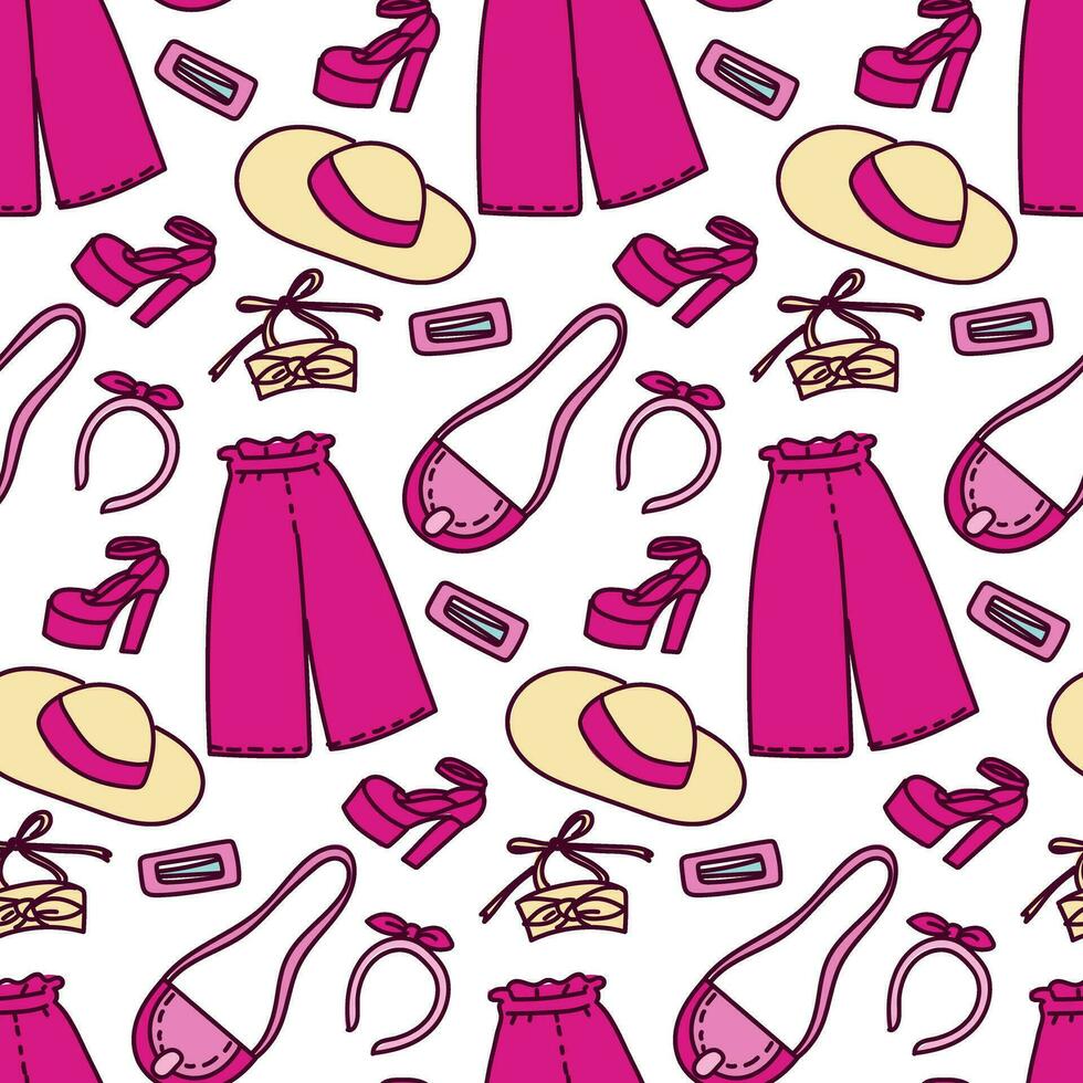 en mönster med färgad rosa kostymer på en vit bakgrund. kläder, en hatt, skor, hår clips och Övrig detaljer av Smycken för en flicka. utskrift på textilier och papper. förpackning vektor