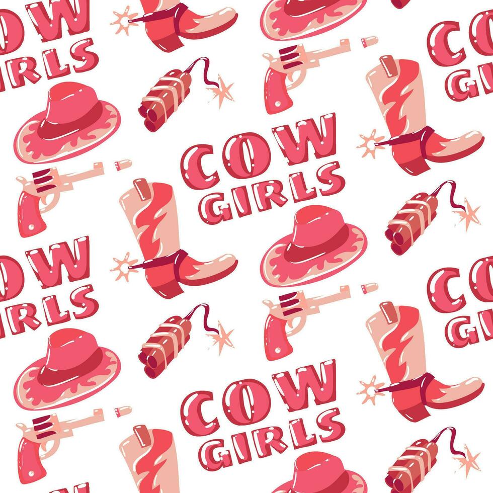 en mönster i de form av tecknad serie rosa stövlar för en cowgirl, en hatt, dynamit och en revolver. en hatt för en fest. de modern stil av de vild väster. cowboy Västra. Färg platt vektor