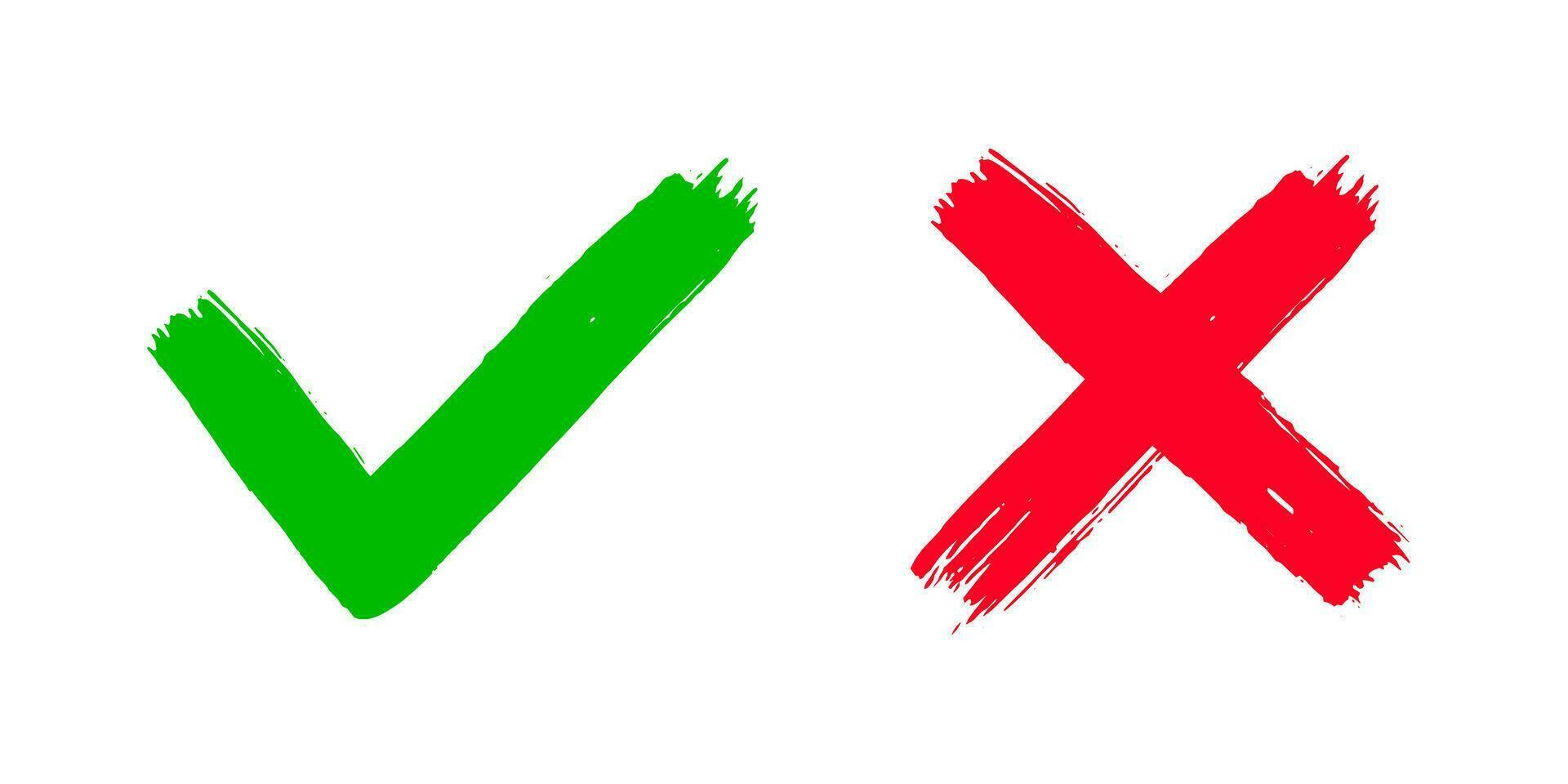 två smutsig grunge hand dragen med borsta stroke korsa x och bock ok kolla upp märken vektor illustration.
