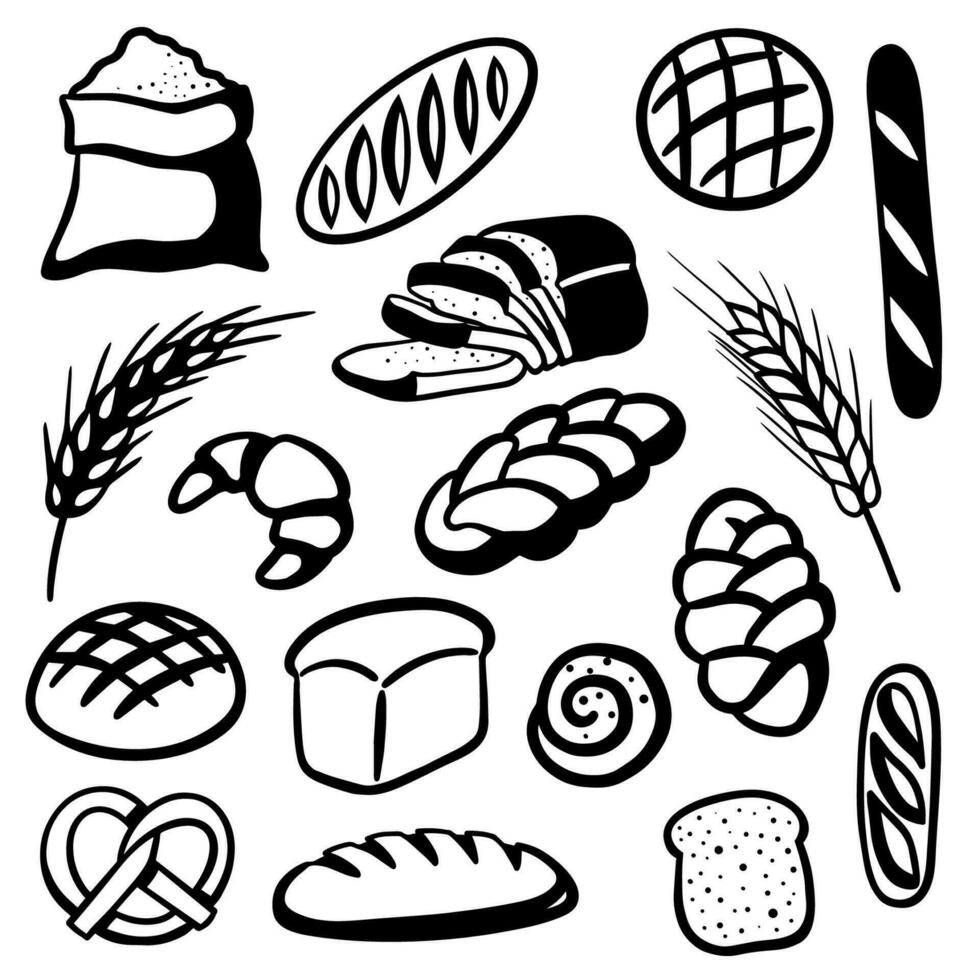 bröd tecken samling, isolerat på vit bakgrund. svart ritad för hand vektor ikoner