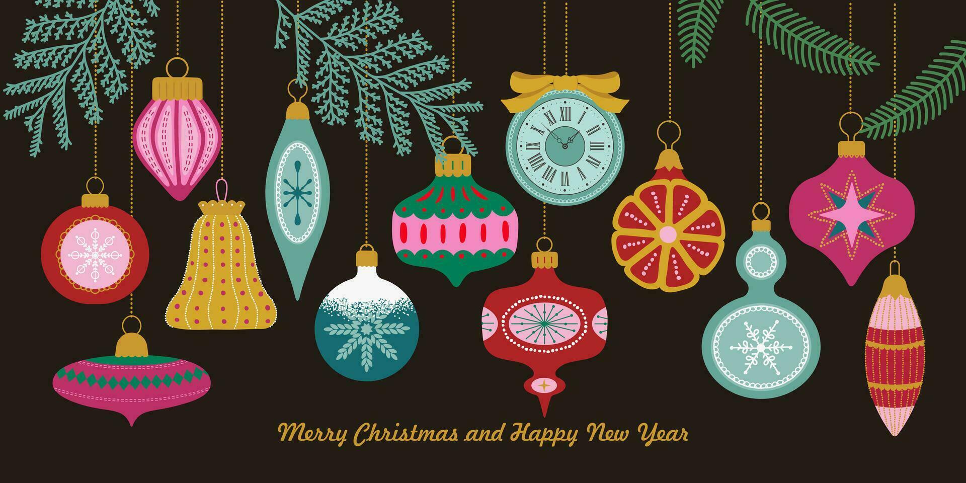 Weihnachten Komposition mit immergrün Zweige, und Jahrgang Weihnachten Glas Bälle. Vektor Illustration im retro eben Stil
