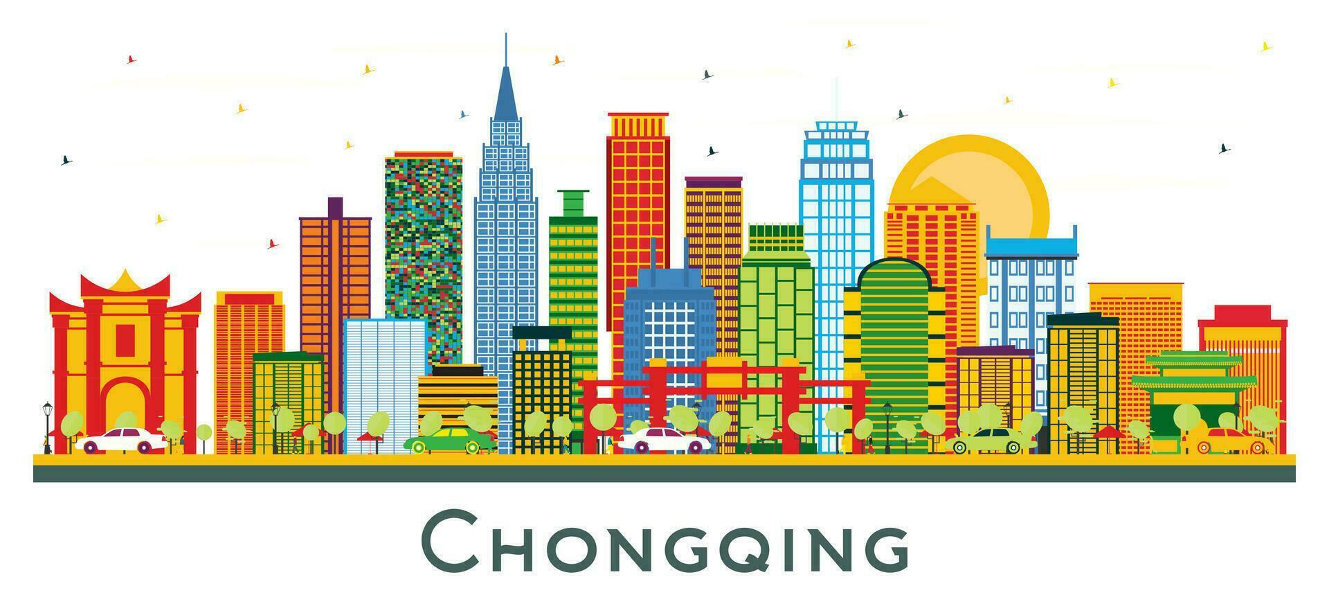 Chongqing China Stadt Horizont mit Farbe Gebäude isoliert auf Weiß. Chongqing Stadtbild mit Sehenswürdigkeiten. vektor