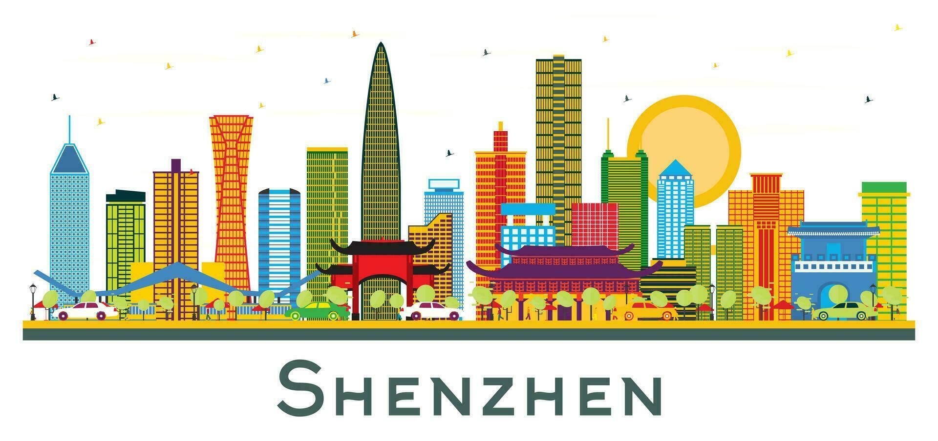 shenzhen china city skyline mit farbigen gebäuden isoliert auf weiß. vektor
