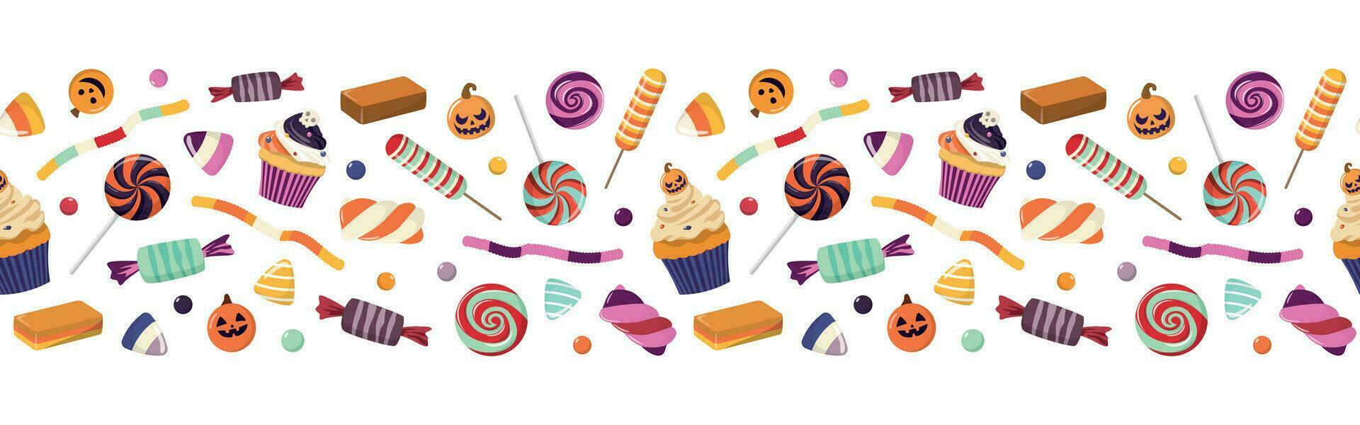 Halloween Süßigkeiten nahtlos Grenze. Vektor Hintergrund mit Halloween Süßigkeiten. Karikatur Urlaub Nachspeisen. isoliert auf Weiß Hintergrund. Hand gezeichnet köstlich Süßigkeiten.