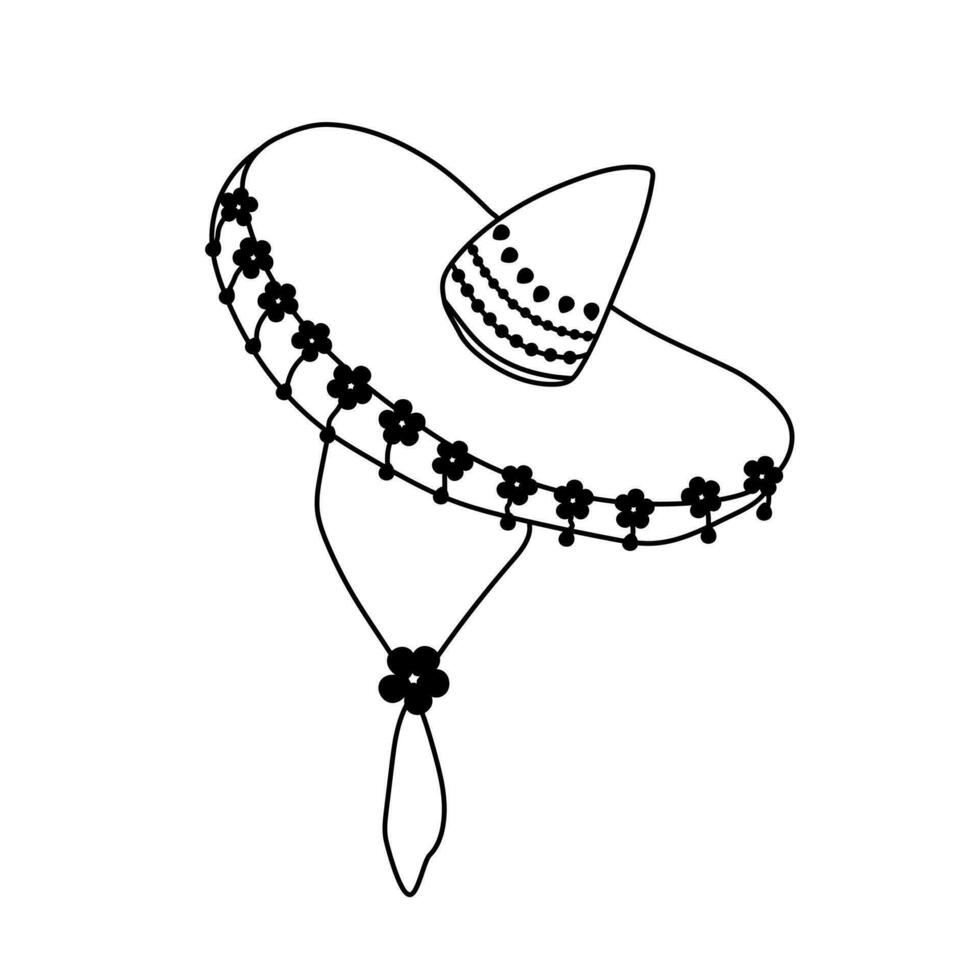 hand dragen enkel klotter mexikansk hatt sombrero dekorerad med blommig element och pärlor. dag av de död- symboler ClipArt. isolerat på vit bakgrund. vektor