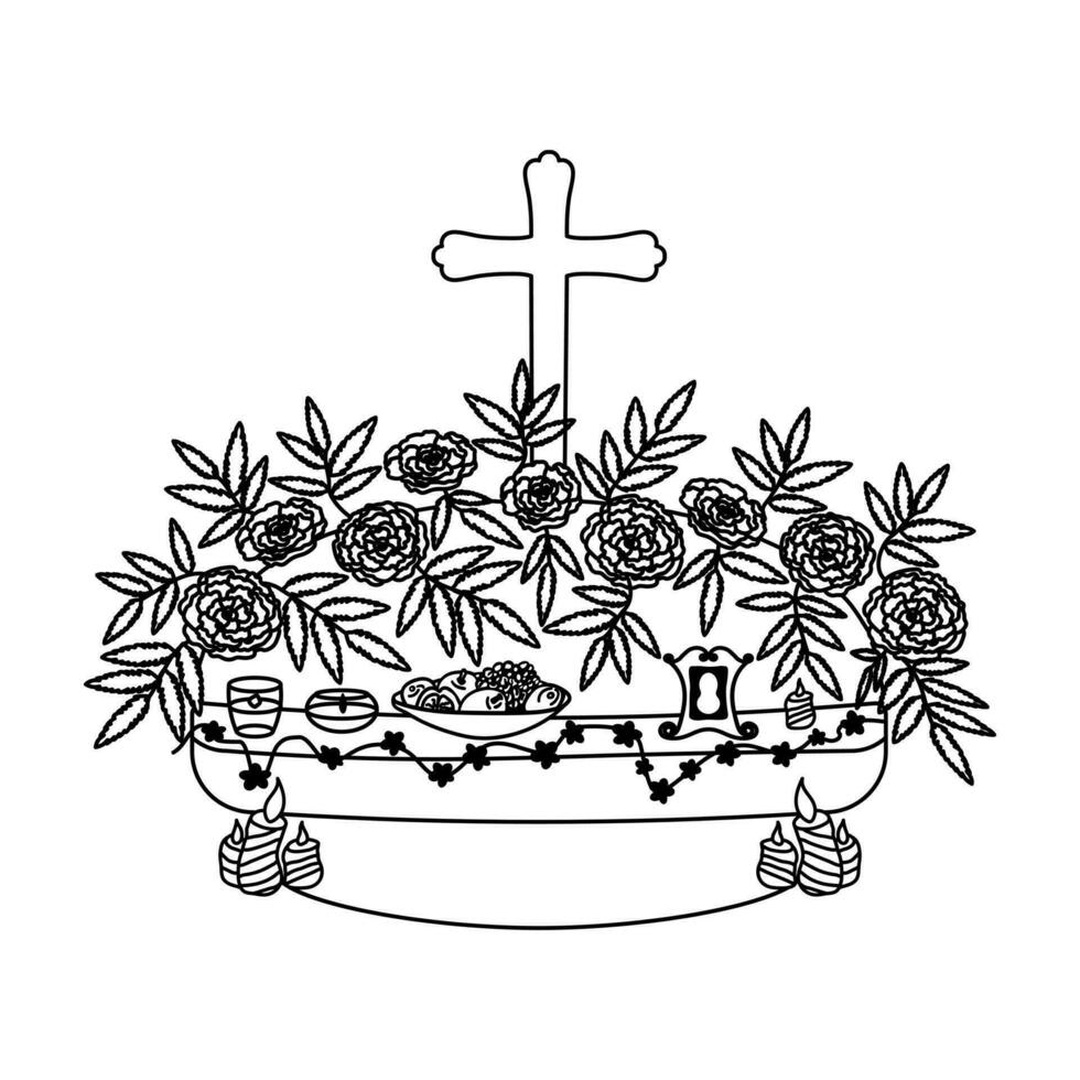 Hand gezeichnet einfach Gekritzel Tag von das tot Altar mit katholisch kreuzen, Ringelblume Blume Girlande, Opfergaben, Foto rahmen. dia de los Muertos Clip Art. isoliert auf Weiß Hintergrund. vektor