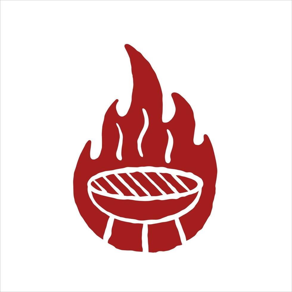 utegrill logotyp. grillad kött på brand. röd silhuett av brasa flamma. enkel tecknad serie illustration isolerat på vit. vektor