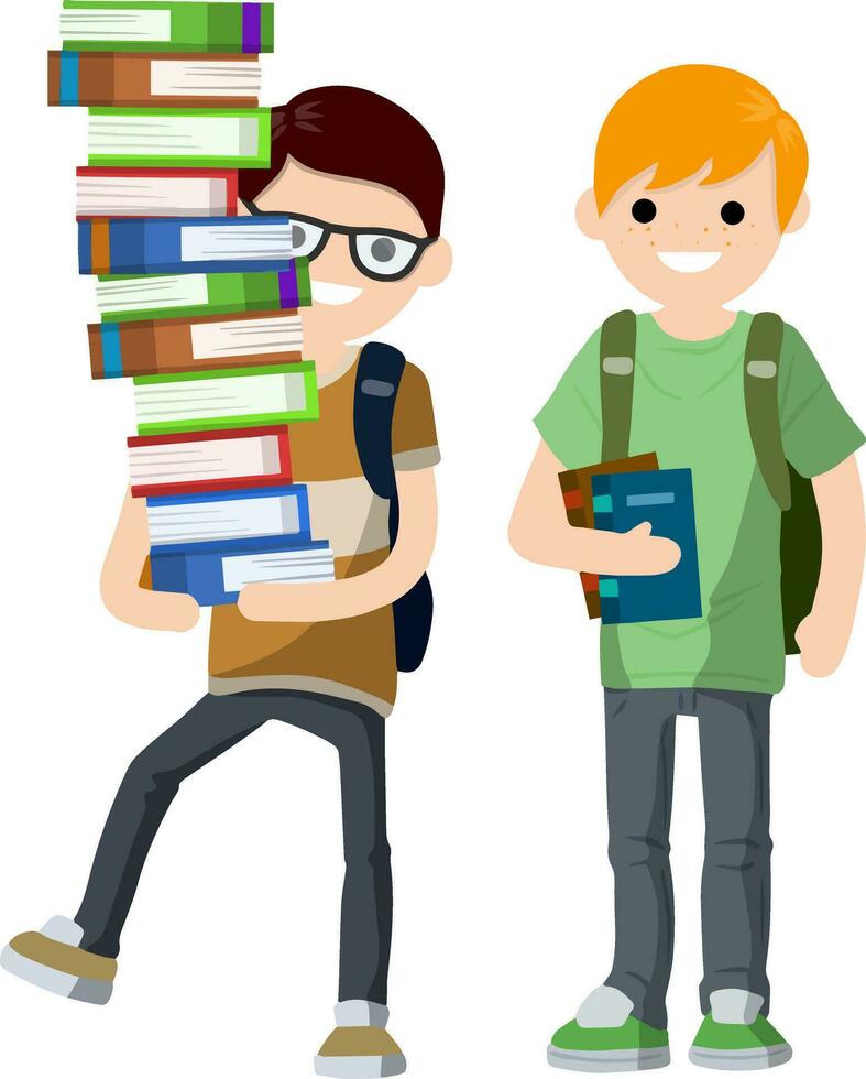 ung studenter med bok och ryggsäck. pojke och man på skola. utbildning och studier. rolig par. kille bär högen av böcker. vektor