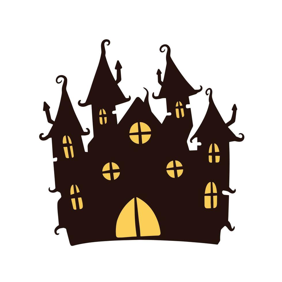 Halloween verfolgt Haus isoliert auf Weiß Hintergrund. unheimlich dunkel Silhouette von Zuhause oder Villa. Karikatur Vektor gespenstisch Illustration. gotisch süß Stadt, Dorf