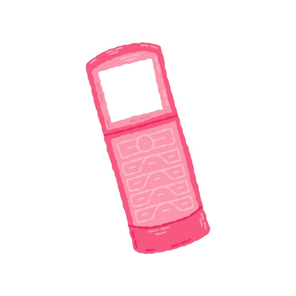 gammal rosa mussla stil flip telefon mobiltelefon 00-talet, 2000-talet. hand dragen platt tecknad serie element. vektor illustration