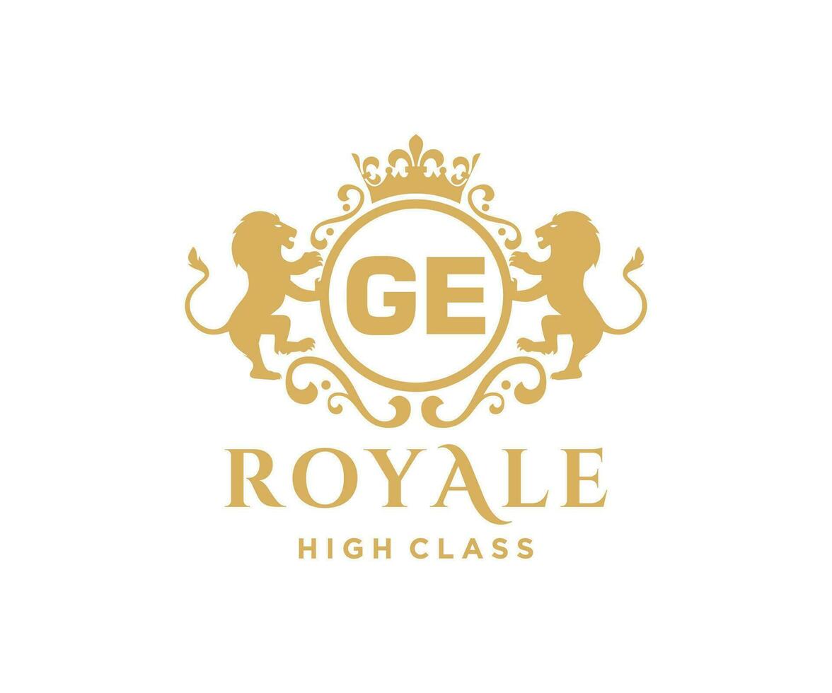 gyllene brev gE mall logotyp lyx guld brev med krona. monogram alfabet . skön kunglig initialer brev. vektor