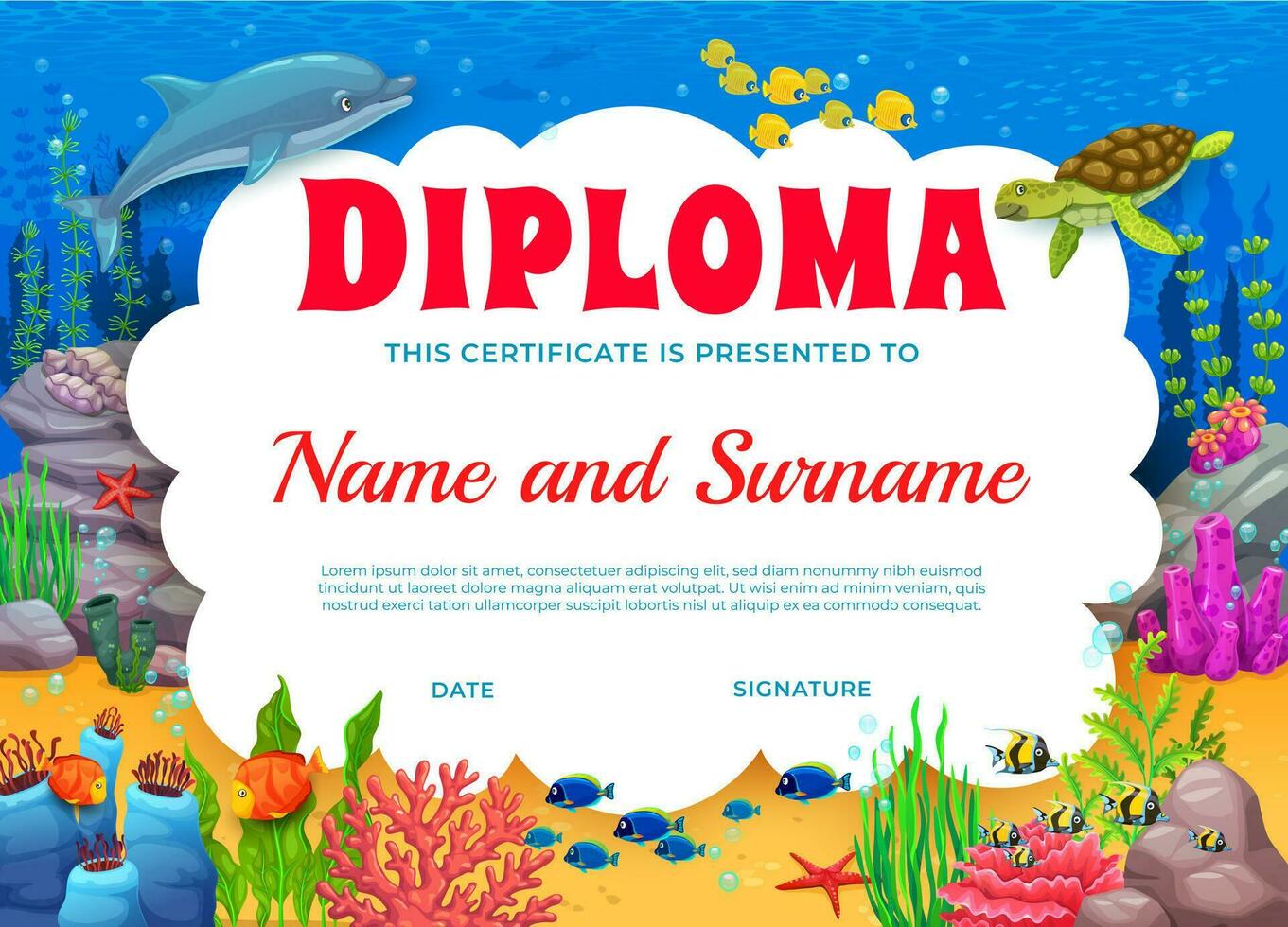 Kinder Diplom, Meer unter Wasser Tiere und Algen vektor