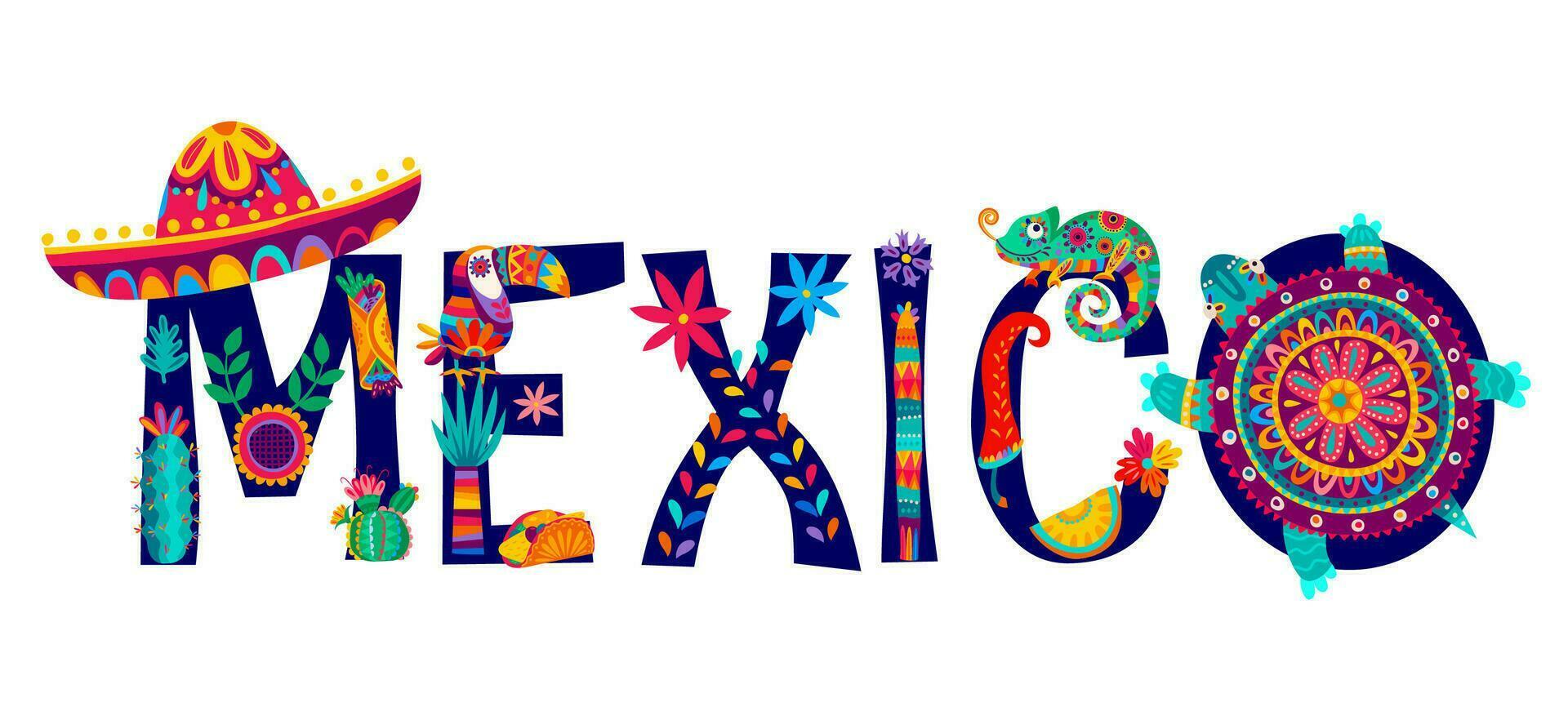 mexico typografi text med sombrero hatt vektor