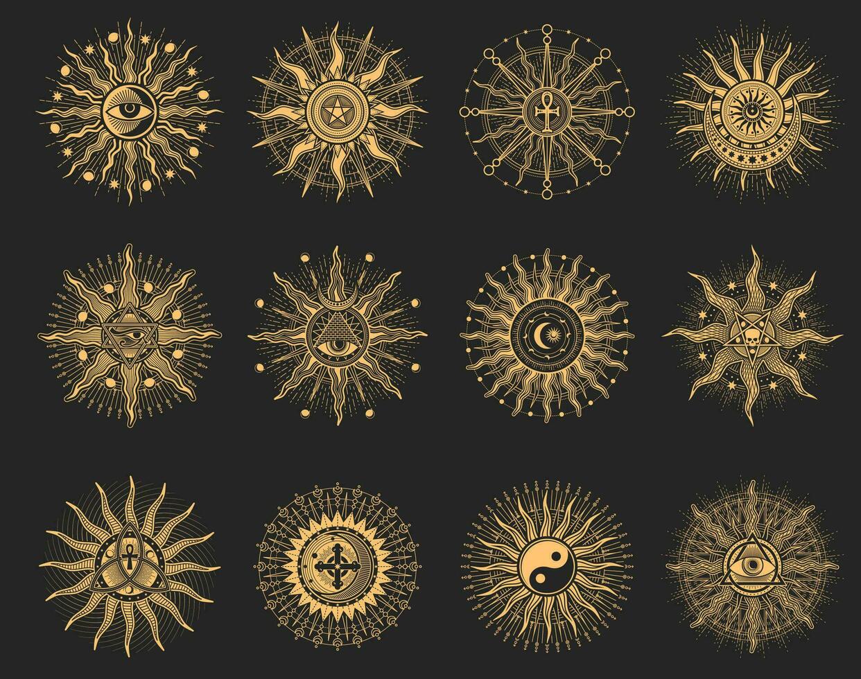 Sonne und Auge esoterisch Okkulte Pentagramm, Tarot Zeichen vektor