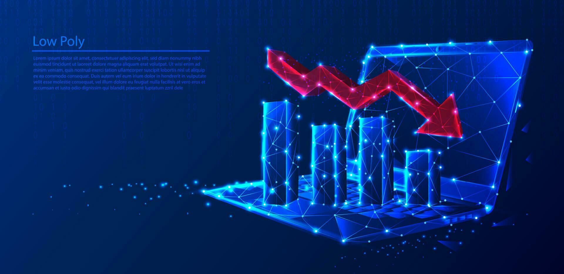 polygonal Laptop mit Wachstum Diagramme und rot Pfeil abnehmend auf dunkel Blau Technik Hintergrund, Dreiecke und Partikel Stil Design. vektor
