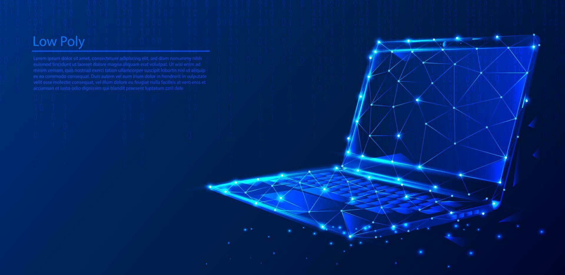 polygonal bärbar dator på mörk blå tech bakgrund, trianglar och partikel stil design. vektor