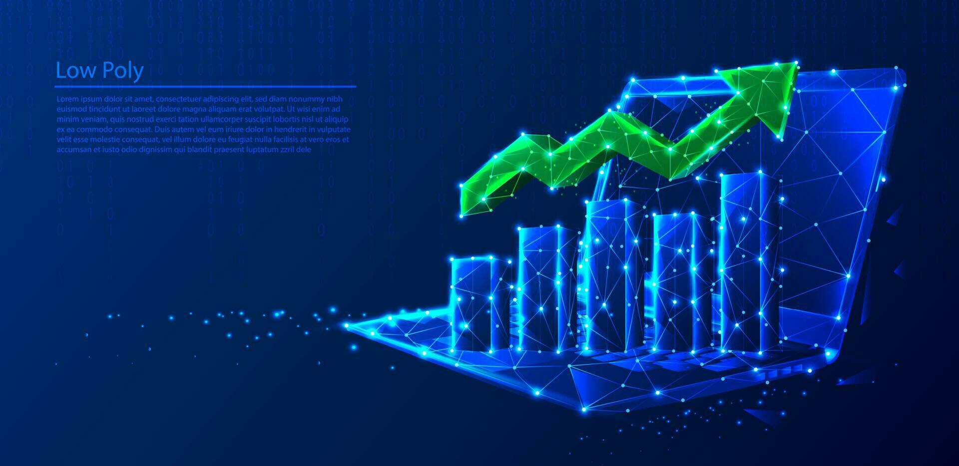polygonal Laptop mit Wachstum Diagramme und Grün Pfeil auf dunkel Blau Technik Hintergrund, Dreiecke und Partikel Stil Design. vektor
