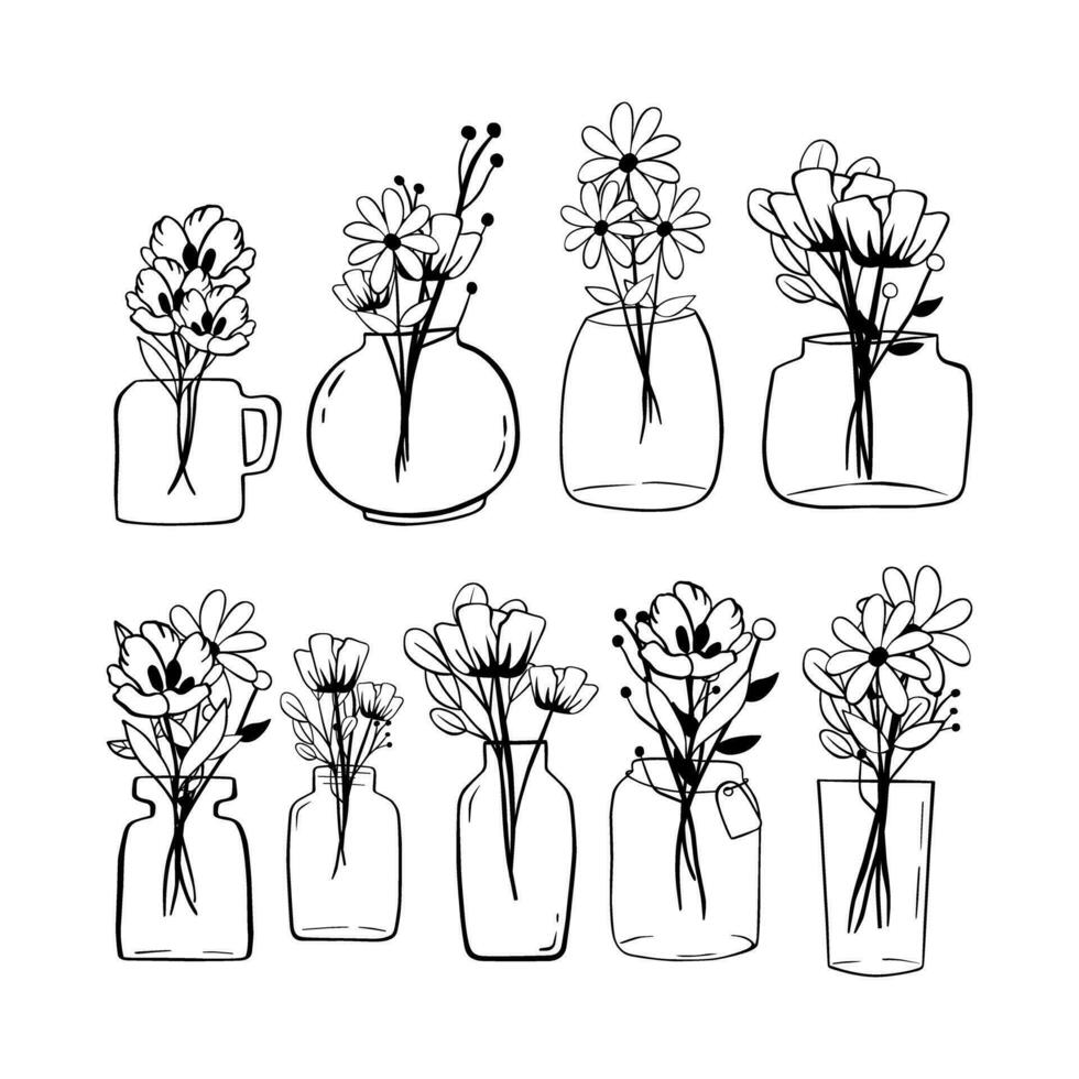 svart linje klotter blommor i burk på vit bakgrund. vektor illustration handla om natur.