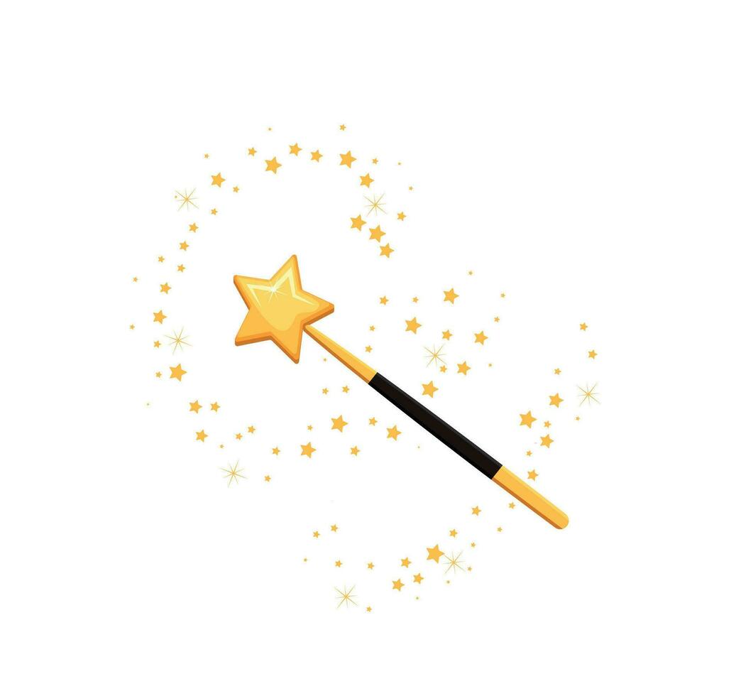 dekorativ magi wand med en magi spår. stjärna form magi tillbehör. magisk flicka tecknad serie kraft. vektor illustration isolerat på vit bakgrund. webb webbplats sida och mobil app design