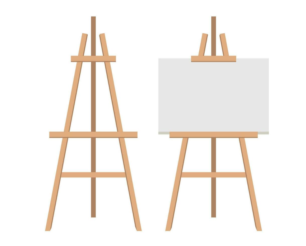 realistisk måla skrivbord med tom vit duk. trä- staffli och en ark av teckning papper. vektor illustration.