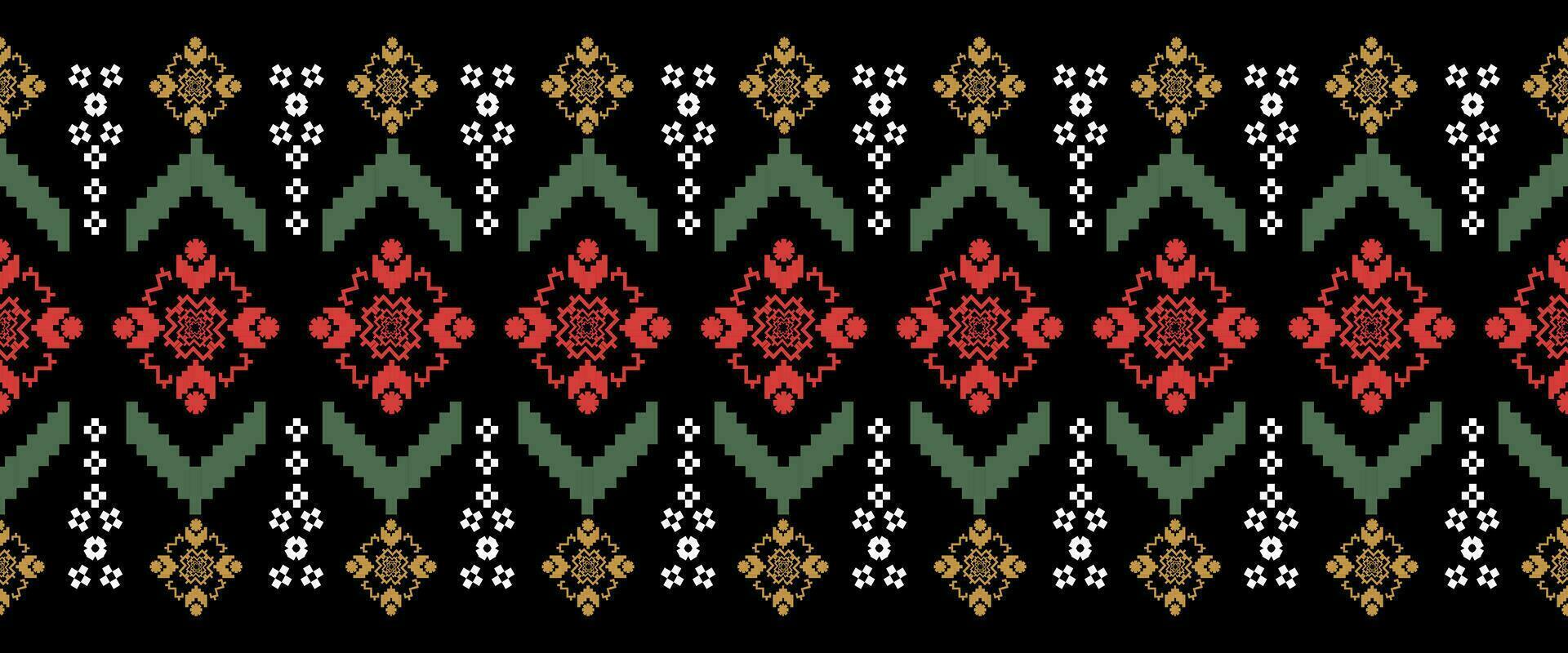 Kreuzstich. ethnisch Muster. indisch geometrisch Muster einheimisch Muster. schwarz Hintergrund. drucken Stoff, Textil, Kleidung, Strickwaren. vektor