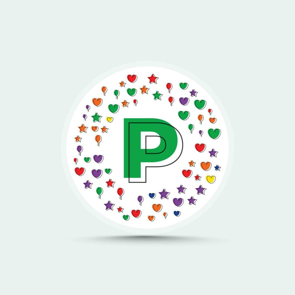 Brief p Logo Design Vorlage mit bunt Liebe Herz Star und Ballon Vektor
