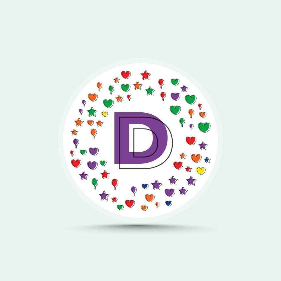 Brief d Logo Design Vorlage mit bunt Liebe Herz Star und Ballon Vektor