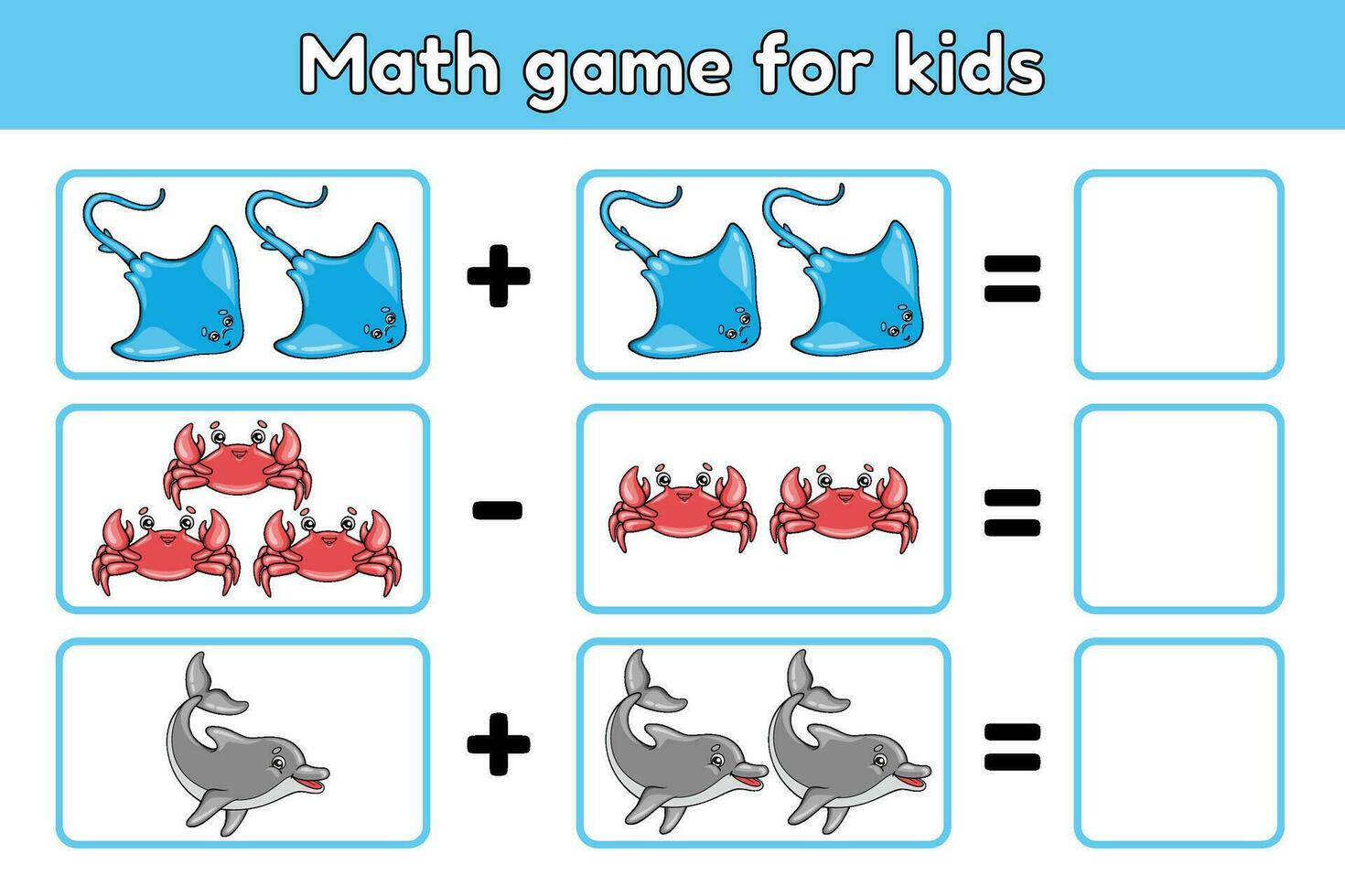 Mathematik lehrreich Spiel zum Kinder mit Karikatur Stachelrochen, Krabben, Delfine. Zusatz und Subtraktion. Anzahl Meer Tiere und schreiben Nieder Nummer. Zählen Arbeitsblatt zum Vorschule und Schule Kinder. Vektor. vektor