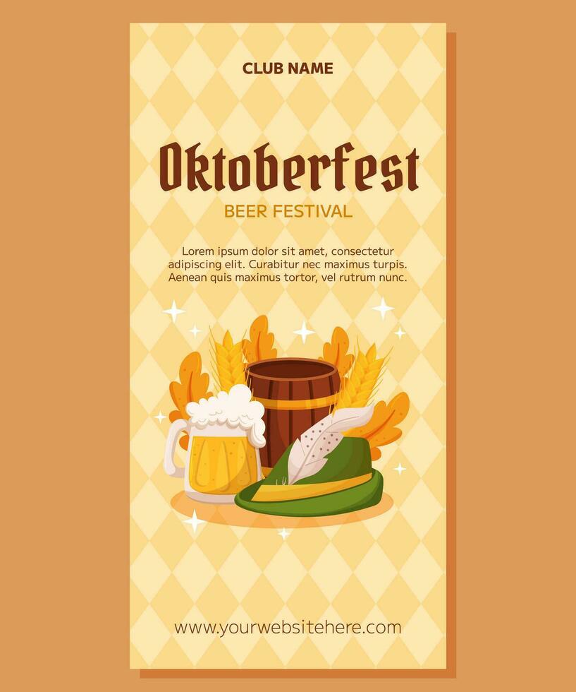 oktoberfest tysk öl festival vertikal baner mall design. design med tyrolean hatt, öl mugg, trä- tunna, Tyskland färger festlig krans, vete, löv. ljus gul romb mönster vektor