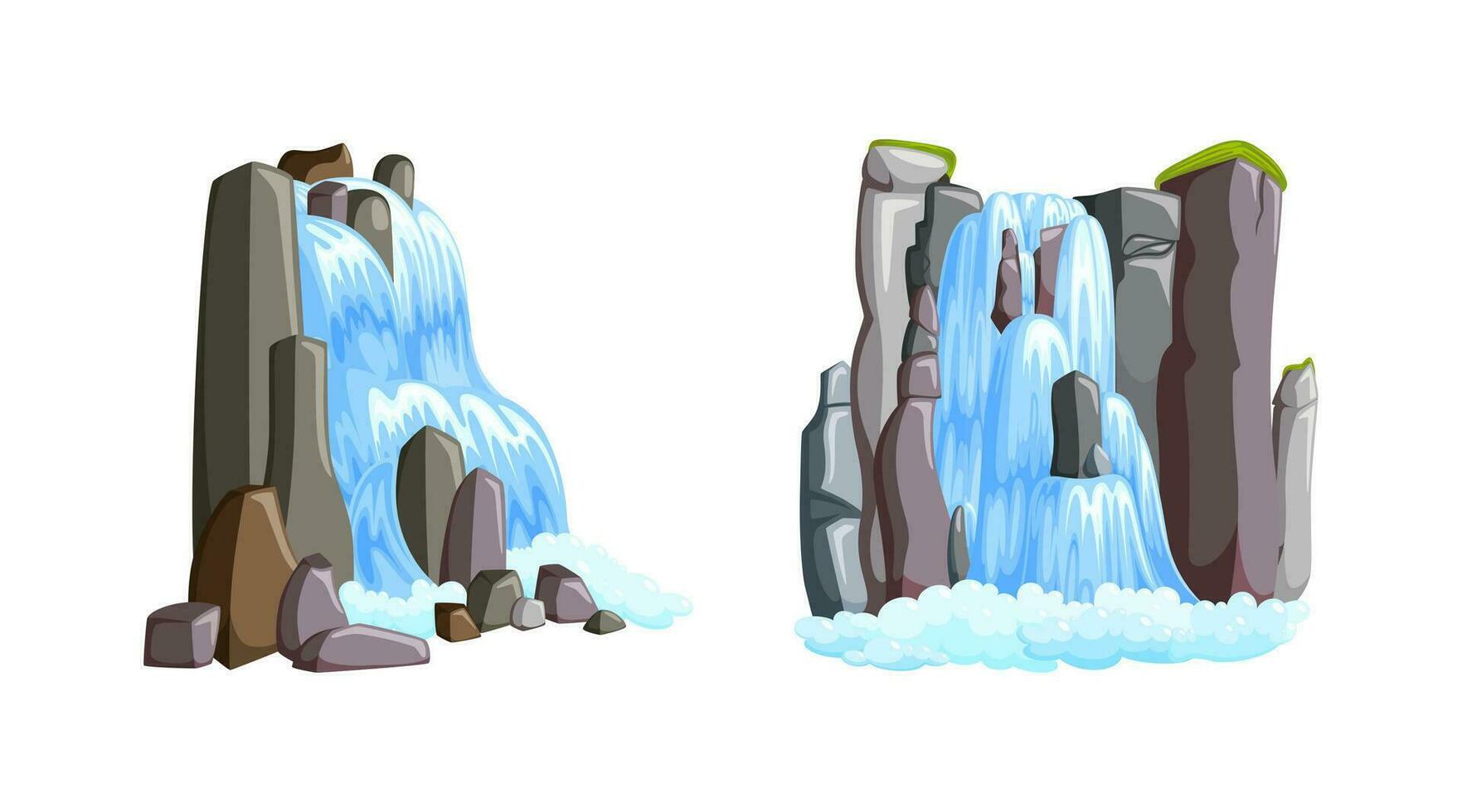 Wasserfall Kaskaden im Berge mit Vorderseite und Seite Ansichten. Wasserfälle isoliert im Weiß Hintergrund. Vektor Illustration