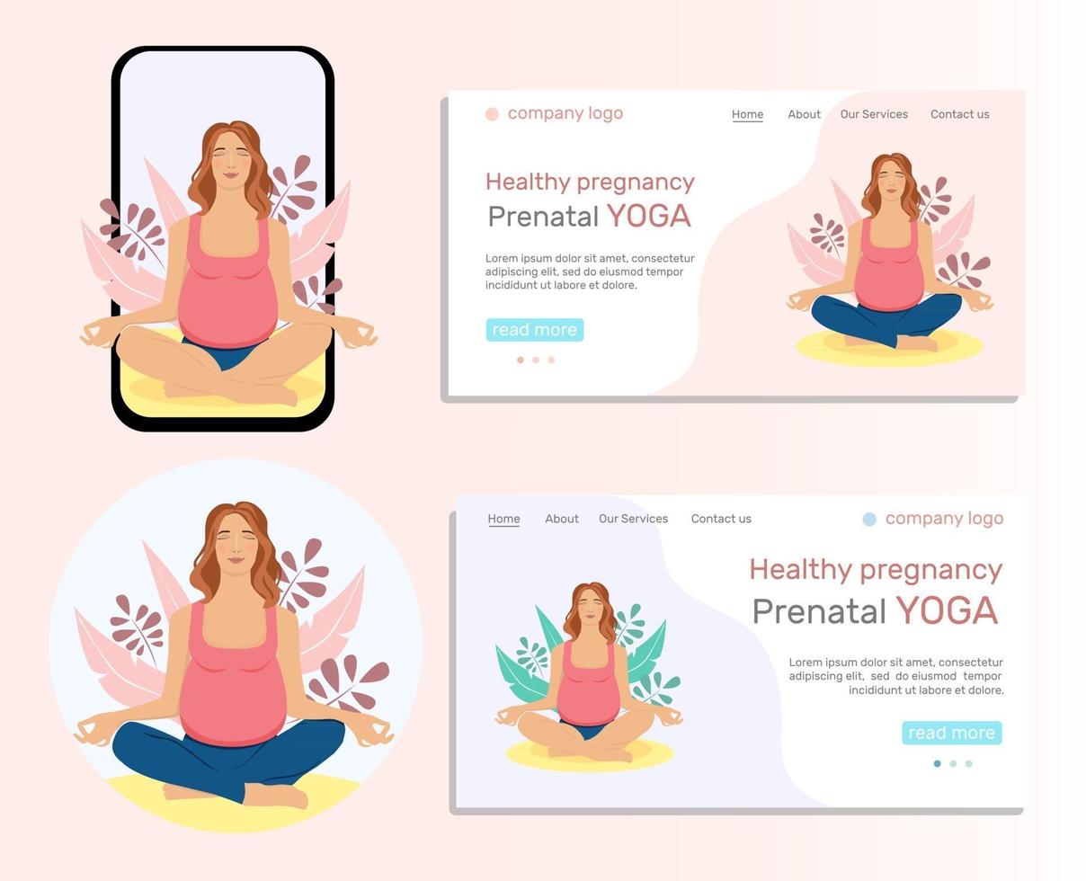 illustration uppsättning. ung gravid kvinna som gör yoga. målsida, illustration av begreppet hälsosam livsstil, fysiska övningar för gravida kvinnor hemma och utomhus, prenatal yogakurser. platt-stil illustration. vektor