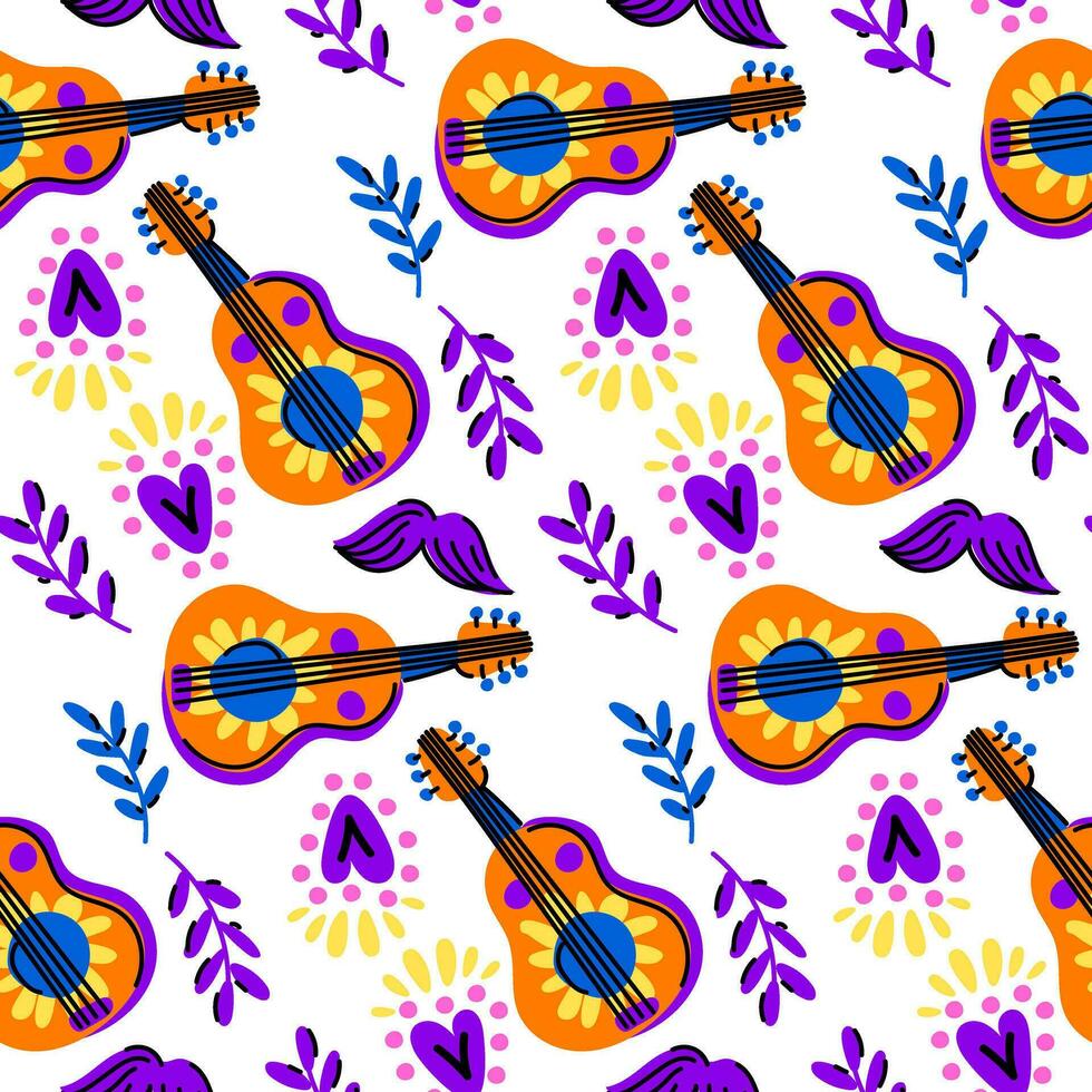 Mexikaner nahtlos Muster mit Gitarre, Blumen, Herz, Schnurrbart auf ein Weiß Hintergrund. Textur zum ein Party. Tag von das tot, cinco de Mayonnaise, Mexikos Urlaub Festival vektor