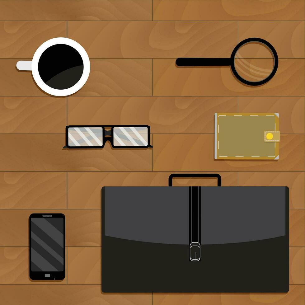 Geschäft Zubehör auf Schreibtisch. Vektor Brieftasche und Tasse von Kaffee, Illustration von Brille und Aktentasche