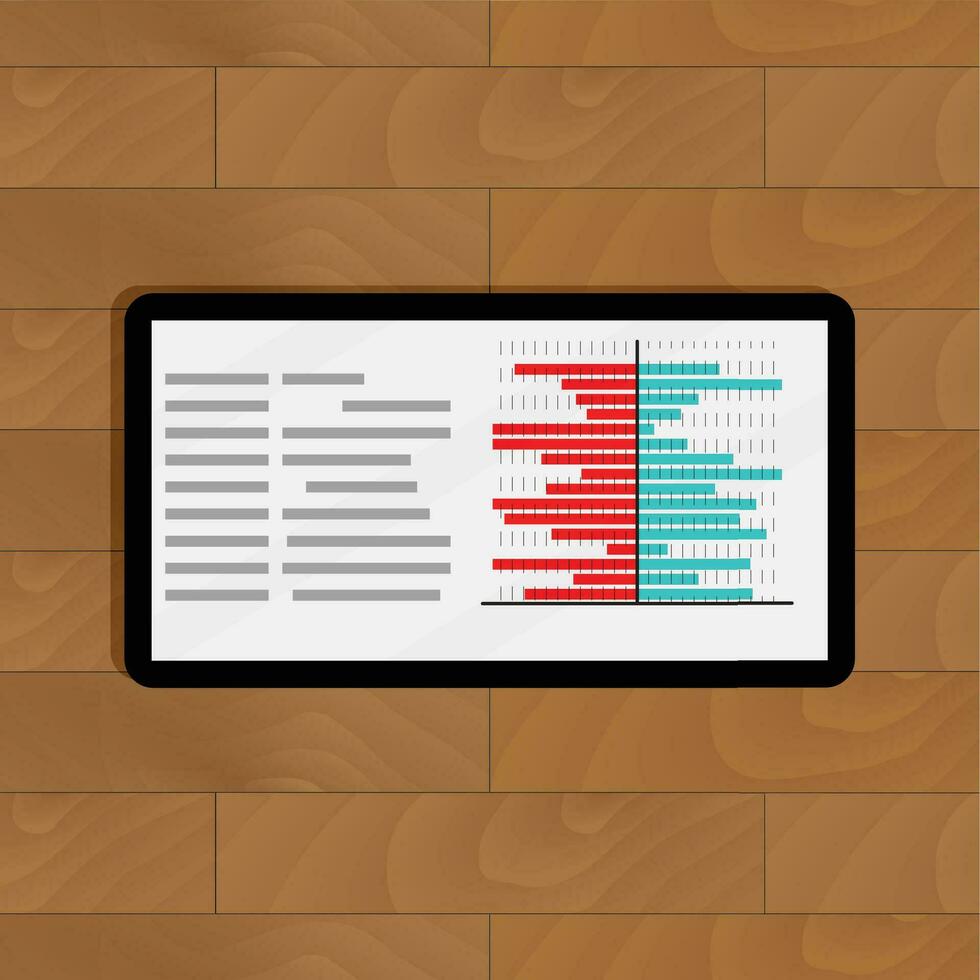 oben Aussicht Digital Daten. Computer mit die Info Statistik, Vektor Illustration