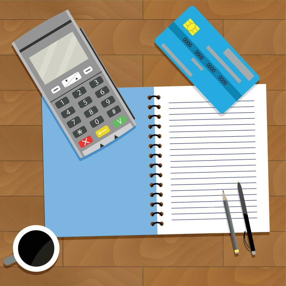 Geschäft bezahlen Finanzen, Rechnungswesen persönlich, Kaffee und Notizbuch, Vektor Illustration