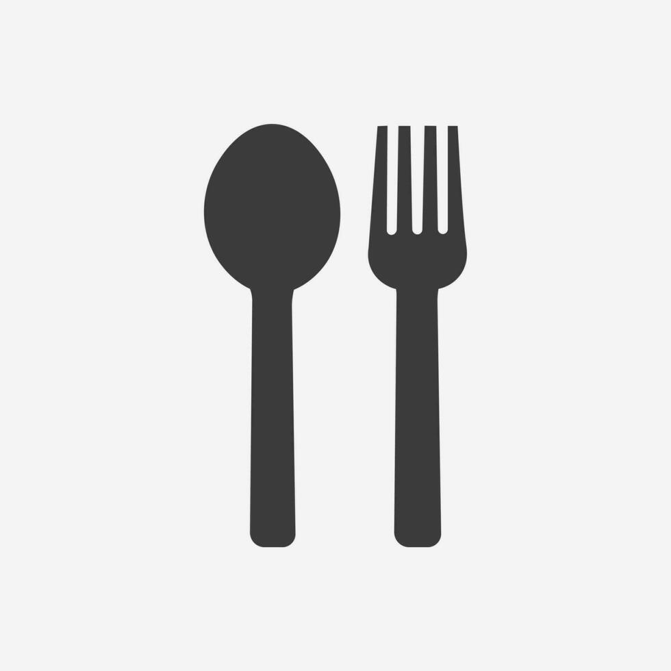 Löffel und Gabel Symbol Vektor. Restaurant, Utensil, Küche, Platte, Geschirr, Besteck, Abendessen, Mahlzeit, Essen, Gericht, Bankett Symbol Zeichen vektor