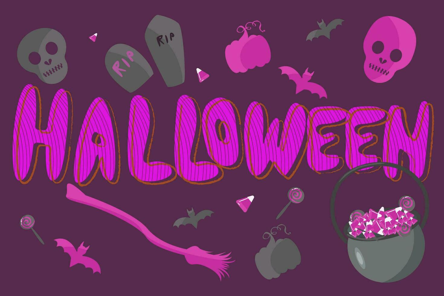 vektor halloween fest inbjudan på svart bakgrund. vektor halloween fest bakgrund med pumpa, fladdermus, gravsten, pott, gravsten och text halloween för tyger, papper, textil, gåva slå in