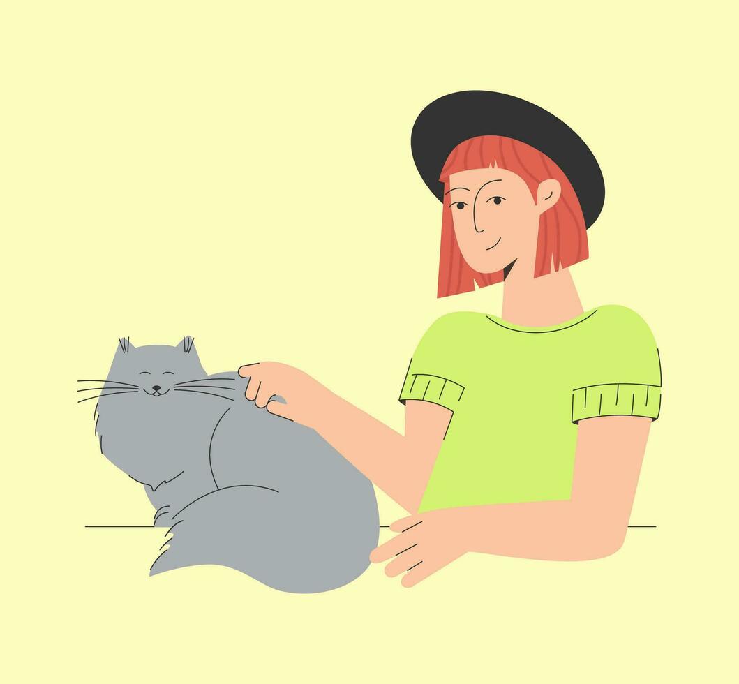 leende röd håriga flicka kärleksfull katt pott vektor illustration.