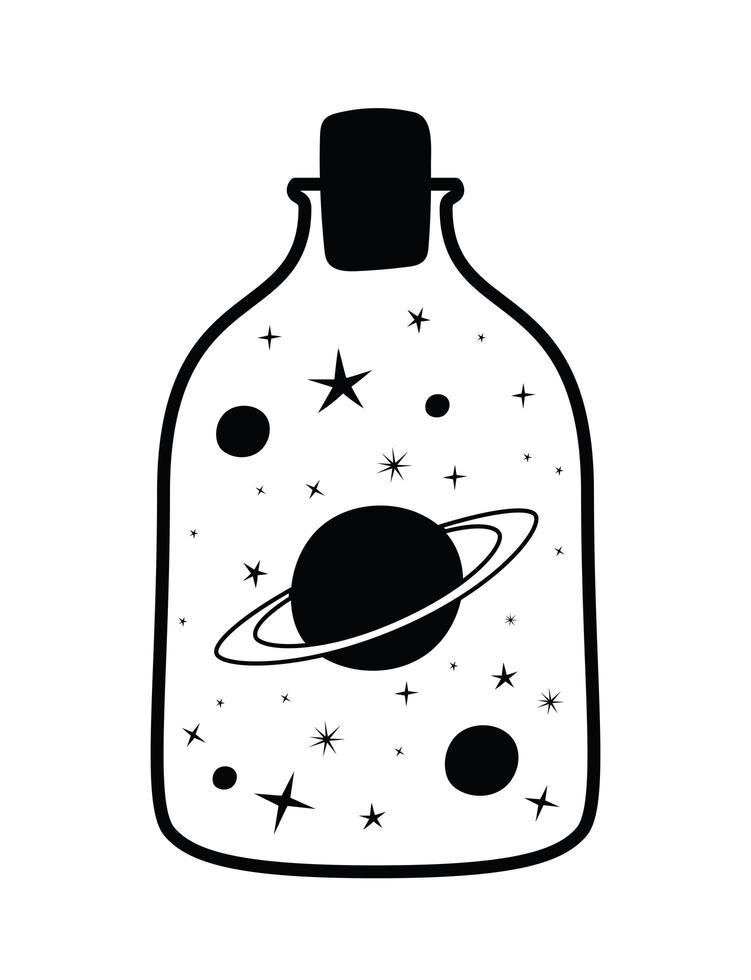 minimalistisk tatuering av en flaska med en planet och stjärnor vektor