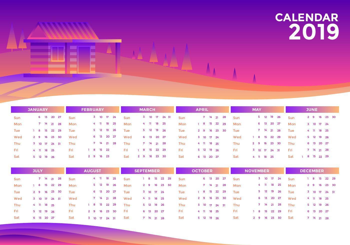 Landscape 2019 Printable Calendar Vector